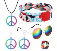 6 PCS Hippie Accessories,Disco Hippie Costume 60s 70s 80s for Women Men Includes Disco Glasses,Headband,Necklace,Earrings,Ring for Disco Theme Parties, 60s 70s 80s Fancy Dress, Music Festivals