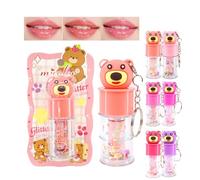 6 Pcs Hydrating Lip Gloss Set, Shimmer Glossy Moisturizing Lip Jelly Sequins and Sparkles Lip Make-Up for Women Party Gift Cute Bear Keychain Design