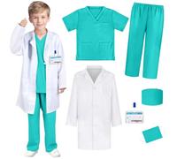 6 Pcs Kids Dr. Scientist Uniform Costume Lab Coat Set, Boys Girls Dress Up Stethoscope Id Card Props Career Day Halloween Role Cosplay Occupation Party Favors 3-15 Years