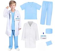 6 Pcs Kids Dr. Scientist Uniform Costume Lab Coat Set, Boys Girls Dress Up Stethoscope Id Card Props Career Day Halloween Role Cosplay Occupation Party Favors 3-4 Years