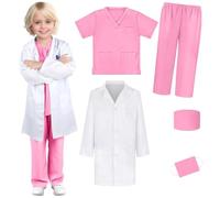 6 Pcs Kids Dr. Scientist Uniform Costume Lab Coat Set, Boys Girls Dress Up Stethoscope Id Card Props Career Day Halloween Role Cosplay Occupation Party Favors 3-15 Years