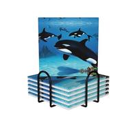 6 Pcs Killer Whales Swim Along Ceramic Coasters With Holder Best Absorbent Drink Coasters Square Ceramic Table Coasters Set Decorative Coffee Cup Beverage Coasters Wine Beer Bar Coasters