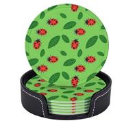 6 Pcs Ladybug and Green Leaf Leather Coasters for Drinks with Holder Round Mug Mat Table Desk Coasters Set Cup Coasters for Living Room Kitchen Coffee Decor