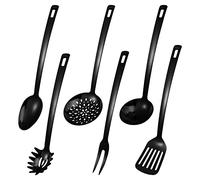 6 Pcs Large Black Stainless Steel Cooking Utensils Set Heat Resistant Kitchen Utensils Set Includes Colander, BBQ Fork, Pasta Scoop, Soup Spoon, Pointed Spoon, Spoon, Metal Kitchen Tool