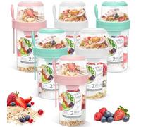 6 Pcs Large Overnight Oats Jars with Lids and Spoons, 1070ml Plastic Double Layer Breakfast Pots Bulk, Reusable Yogurt Cups with Topping Compartment for Fruit Salads Cereal Porridge Milk, 3 Colours