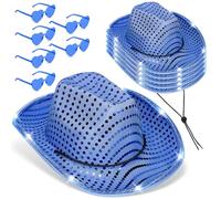 6 Pcs LED Cowboy Hat Light Up Glitter Set Cowboy Hat with Sunglasses Sequin Space Cowgirl Hat for Women Men Costume (Blue)