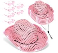 6 Pcs LED Cowboy Hat Light Up Glitter Set Cowboy Hat with Sunglasses Sequin Space Cowgirl Hat for Women Men Costume (Pink)