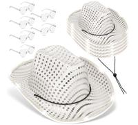 6 Pcs LED Cowboy Hat Light Up Glitter Set Cowboy Hat with Sunglasses Sequin Space Cowgirl Hat for Women Men Costume (White)