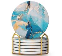 6 Pcs Light Blue Marble Abstract Ceramic Coasters with Holder Best Round Drink Absorbent Coasters for Desk, Lounge, Coffee, Wine, Beverage, Dining Table Decor, Bar Coaster Set