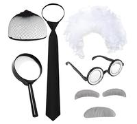 6 Pcs Mad Scientist Costume Including Frizzy White Wig, Glasses, Hairnet,Funny Mustaches Eyebrows, Tie and Magnifier Kids Science Costume Fancy Dress for Festival Party Stage Cosplay