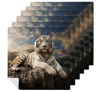 6 PCS Majestic Tiger Resting on A Rock with Cloudy Cloth Napkins 18.7"x18.7"- Single-Sided Print, Soft & Reusable Napkins for Elegant Dining, Wedding, Party, Restaurant Decor