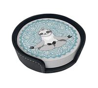 6 Pcs Mandalas Yoga Sloth Pattern Leather Coasters for Drinks with Holder Coaster Sets Drink Table Cup Coasters for Living Room Kitchen Coffee Decor