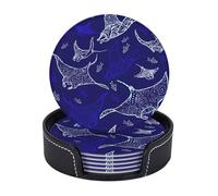 6 Pcs Manta Ray and Fish Print Leather round Coasters with Holder for Coffee Bar Kitchen Table Decor