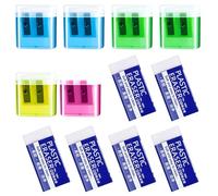 6 PCS Manual Pencil Sharpeners, Colorful Dual Holes Pencil Sharpener for Kids and 6PCS White Plastic Eraser, for Kids Students School Home Office