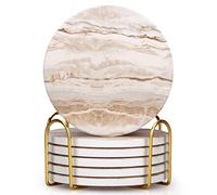 6 Pcs Marble Ceramic Coasters with Holder Best Absorbent Drink Coasters Round Ceramic Table Coasters Set Decorative Coffee Cup Beverage Coasters Wine Beer Bar Coasters
