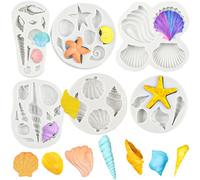 6 PCS Marine Theme Silicone Fondant Mould Seashell Conch Starfish Silicone Mold Marine Animal Baking Molds for DIY Cake Decoration Chocolate Candy Polymer Clay Crafting Projects