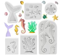 6 PCS Marine Themed Silicone Mould Set, 3D Mermaid Tail Silicone Baking Molds, Seashell Conch Starfish Coral Baking Molds for DIY Cake Decoration, Chocolate, Candy and Handmade Soap