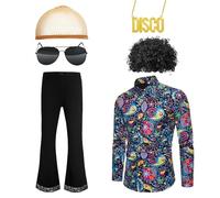 6 Pcs Men 70s Disco Costumes Include Retro Shirt Bell Bottom Pants Wig Sunglasses Necklace Wig Cap for Disco Party (Medium)