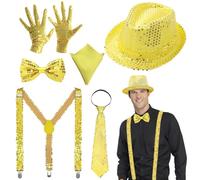 6 Pcs Men's Jazz Costume Accessories Set, Sequins Dance Hat Glitter Fancy Dress Kit with Shinny Disco Hat Suspenders Bow Tie Necktie Gloves Pocket Square for 60s 70s 80s Party Stage Show Carnival