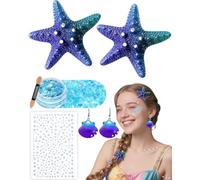 6 Pcs Mermaid Costume Accessories for Women: Starfish Hair Clip Set with Face Glitter Gel Seashell Earrings Pearl Stickers Girls Halloween Little Mermaid Sea Party Theme Cosplay Accessories (Indigo)