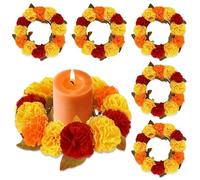 6 Pcs Mini Artificial Marigold Flower Candle Rings Wreaths Indian Diwali Pillar Holder Wreath Dia de Los Muertos Orange Yellow Wreath for Day of The Dead Farmhouse Porch Cabinets Table Decoration