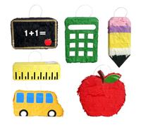 6 Pcs Mini Back to School Pinata with Red Apple Pencil Yellow School Bus Ruler Green Calculator Blackboard Mini Pinata for First Day of School Birthday Classroom Home Teacher Party Favor Decorations