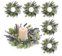 6 Pcs Mini Lavender Candle Rings Wreaths Purple Daisy Pillar Holder Wreath Artificial Wild Flower Spring Summer Floral Wreath for Farmhouse Porch Cabinets Table Decoration