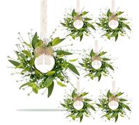 6 PCS Mini Spring Summer Greenery Kitchen Cabinet Wreaths Small Artificial Green Eucalyptus Leaf Wreath for Front Door with Ribbon Boxwood Mini Wreath for Porch Wall Window Farmhouse Wall Home Decor