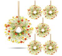 6 Pcs Mini Wildflower Cabinet Wreath with Linen Ribbon Colorful Spring Candle Ring Wreaths Artificial Wild Flower Pillar Candle Holders for Farmhouse Table Wall Decor Porch Front Door Window