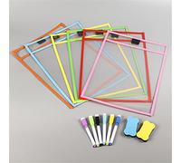 6 Pcs Multicolored Dry Erase Pocket, 6 Pack Reusable Write and Wipe Clean Pockets,Dry Erase Pockets Set for Office and Teaching Supplies, Home Education, with Bone Shape Eraser+6 pcs Erase pens