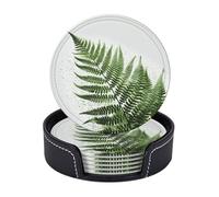 6 Pcs Natural Plant Silhouette Fern Leaf Drink Coasters with Holder Leather Coaster Coffee Cup Pad Drinking Cup Mat Set Coffee Table Drinks Coasters for Modern Home Decor,4 Inches