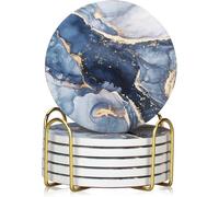 6 Pcs Navy Blue Marble Abstract Ceramic Coasters with Holder Best Absorbent Drink Coasters Round Ceramic Table Coasters Set Decorative Coffee Cup Beverage Coasters Wine Beer Bar Coasters