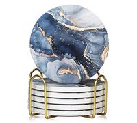 6 Pcs Navy Blue Marble Abstract Ceramic Coasters with Holder Best Absorbent Drink Coasters Round Ceramic Table Coasters Set Decorative Coffee Cup Beverage Coasters Wine Beer Bar Coasters