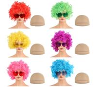 6 Pcs Neon Clown Wigs, Fluffy Colorful Hair Wigs with Wig Caps & Heart Sunglasses, Short Curly Afro Puff Wigs for Costume Party