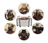 6 Pcs Ninja Cat Ceramic Coaster with Holder, Anime Absorbent Drink Coasters for Drinking, Round Non-Slip Drink Coffee Bar Mug Cup Decoration Gifts