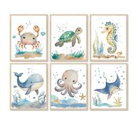 6 PCS Ocean Animal Wall Art Prints Watercolor Sea Animal Wall Art Poster for Nursery Kids Baby Room Decor 8x10 in Unframed