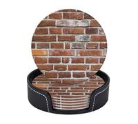 6 Pcs Old Brick Wall Print Leather round Coasters with Holder for Coffee Bar Kitchen Table Decor