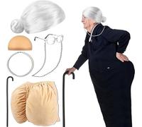 6 Pcs Old Lady Costume Set Women's Fat Suits Granny Wig Foldable Crutch Wig Cap Glasses Chains Strap Pearl Beads (White straight hair)