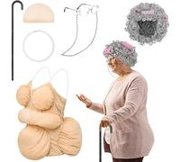 6 Pcs Old Lady Costume Set Women's Fat Suits Granny Wig Foldable Crutch Wig Cap Glasses Chains Strap Pearl Beads (Silver Curly Hair)