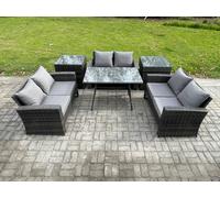 Fimous 6 PCS Outdoor Lounge Sofa Set Wicker PE Rattan Garden Furniture Set with Rectangular Dining Table Love Seat Sofa 2 Side Tables Dark Grey Mixed