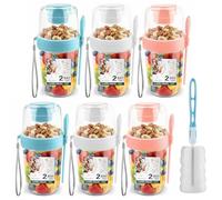 6 PCS Overnight Oats Containers with Lids and Spoons, Reusable Granola & Yoghurt Pot, Fruit Breakfast Pots, Leak-Proof Salad Cups with Sauce Cup, Family Set On the Go Cups for Office, Travel Meal Prep