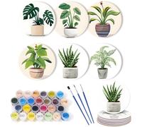 6 Pcs Paint by Numbers Coasters Kits with Holder, DIY Paint by Numbers Coasters for Adults Beginners, Coasters with Brushes Acrylic Paint, Paint by Numbers Kits Craft Supplies -07-Potted Plants