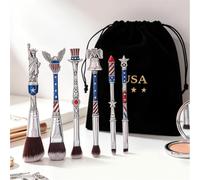 6 Pcs Patriotic American Themed Makeup Brush Set - Statue of Liberty Eagle Bell 4th of July Cosmetic Brushes with USA Velvet Pouch, Red White Blue Metal Handle Makeup Tool Gift for Women Girls (6pcs)