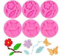 6 PCS Peach Blossom Leaf Branch Silicone Mold Chocolate Cake Decoration Mold Tree Branch Leaves Fondant Mould Flower Leaf Mould Butterfly Silicone Mould for DIY Making Soft Candy, Jelly, Bread