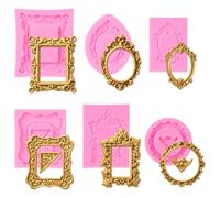 6 Pcs Photo Frame Fondant Molds, Picture Frames Fondant Silicone Molds, Vintage Baroque Style Air Dry Clay Mold for Cake Decorating Cupcake Topper Chocolate Candy Polymer Clay