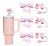 6 Pcs Pink Bow Straw Covers,10mm Reusable Silicone Toppers for 30 & 40 oz Stanley Tumblers,Bow Straw Covers Cap Toppers for 10mm Straws,Pink