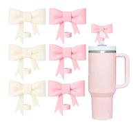 6 PCS Pink Bow Straw Covers for Stanley Cups - 10mm Reusable Silicone Toppers, Classic Accessories (Pink and Beige)