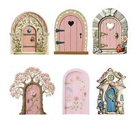 6 PCS Pink Fairy Doors for Garden, Wooden Miniature Tree Ornaments Gifts | Outdoor Fairy Garden Accessories for Tree Trunks, Flower Pots & Flower Beds, Hand-Painted 6-Piece Birthday Gift for Girls