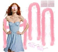 6 PCS Pink Feather Boa, 2m/78.74in Turkey Boa Feathers Abba Accessories With Star Shaped Rimless Sunglasses Rhinestone Stickers for Female Wedding Dancing Party Role-Playing Fancy Dress Cosplay