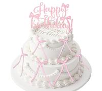 6 Pcs Pink Silk Bow Cake Toppers with 1 Pc Glitter Happy Birthday Sign Ribbon Cake Decorations for Birthday Party Baby Shower Wedding Bow Themed Party Supplies